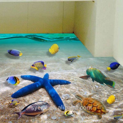 custom 3d pvc anti-slip bathroom floor tile stickers sea fish starfish kitchen room floor sticker